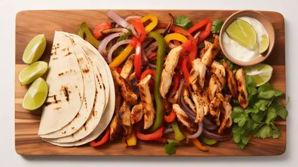 Tortillas, chicken strips, sauteed bell peppers and onions, cilantro, and lime wedges sitting on a rectangular wooden cutting board 