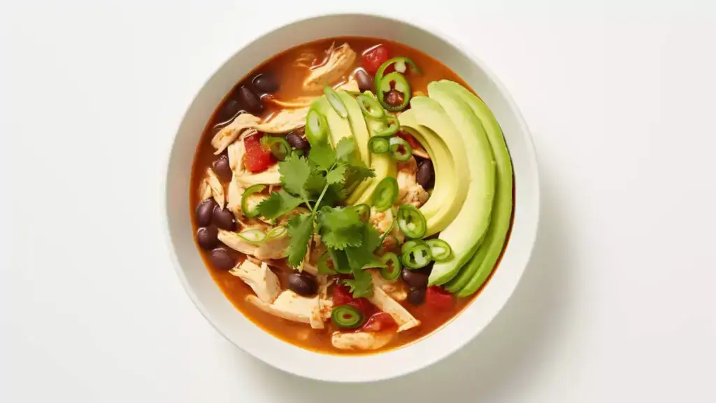 White bowl of chicken soup, black beans, jalapeños, avocado, and cilantro on a white background