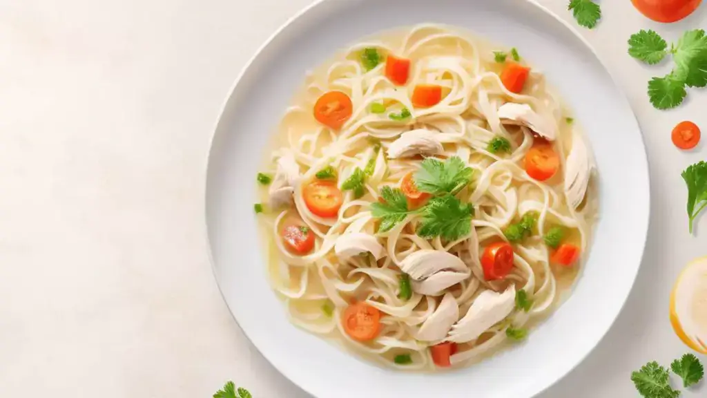 Wide white bowl with long noodles, chicken chunks, carrot chunks, sliced cherry tomatoes, and parsley on a white countertop