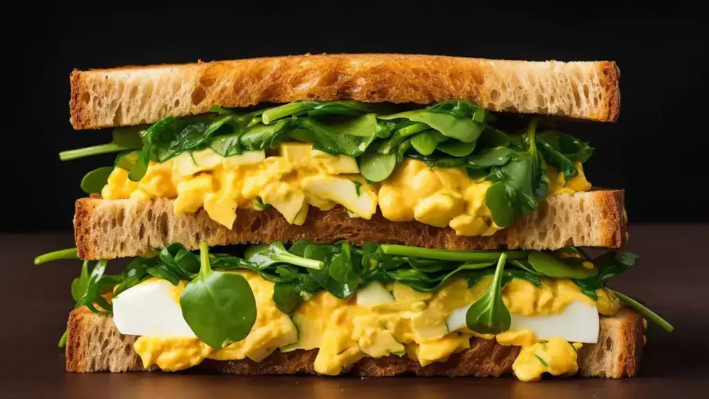 Toasted sliced bread sandwiching egg salad and greens