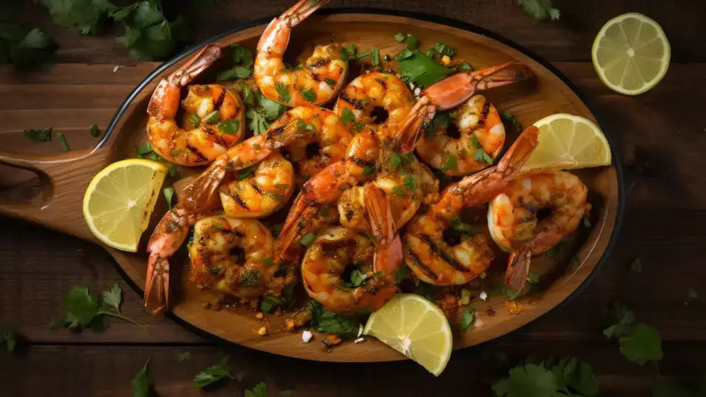 An oval-shaped wooden platter with grilled shrimp, herbs, and sliced lemons