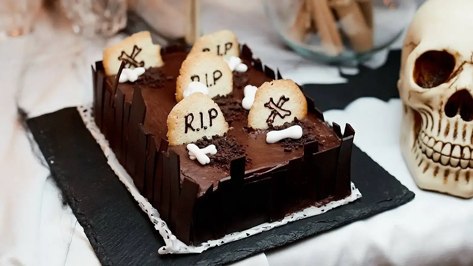 Brownies decorated with candy bone and cookie tombstones
