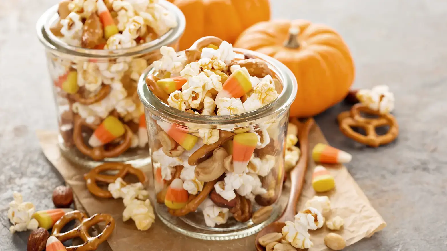 Halloween snack mix with candy corn and popcorn