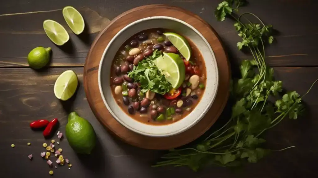 A bowl of chili with beans, cilantro, and lime wedges on a wooden table with limes, chilis, and cilantro