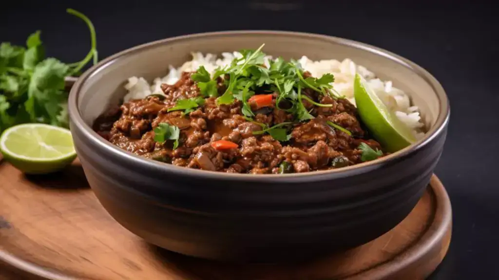 Gray bowl of beef chili with white rice topped with cilantro and a lime wedge