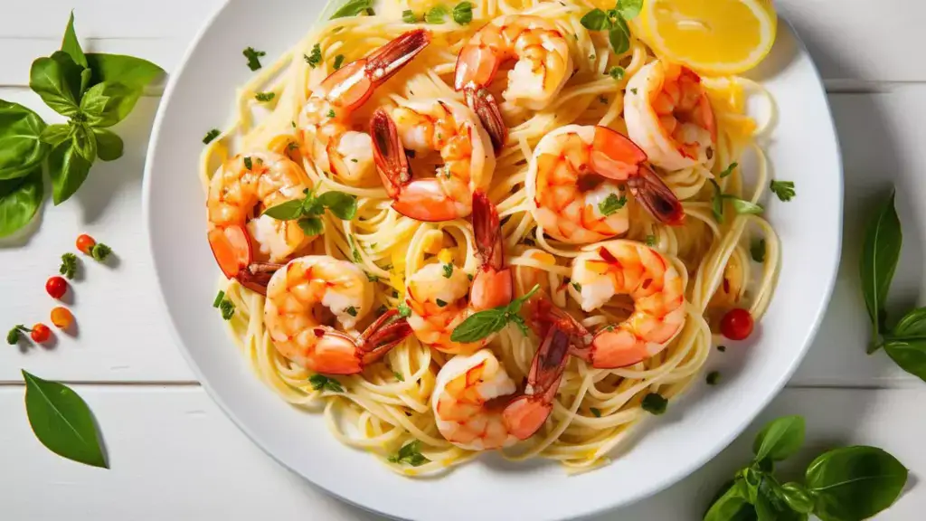A plate of linguine pasta topped with shrimp and herbs sitting on a white wooden table with clumps of basil