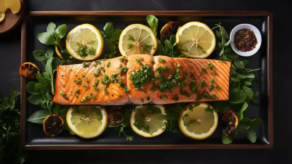 Rectangular platter with a salmon fillet, sliced lemons, and greens topped with herbs