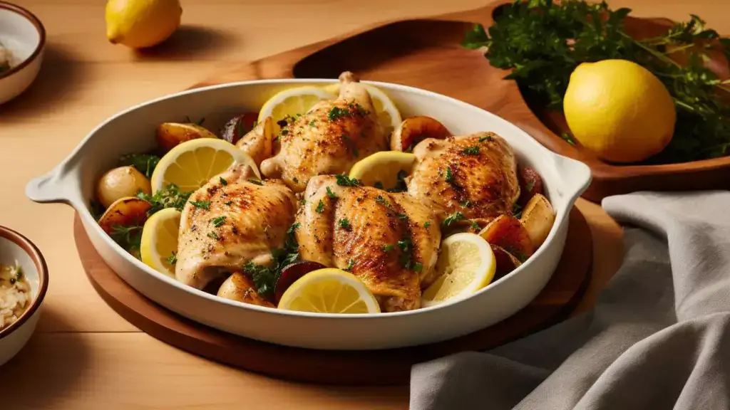 White casserole dish holding roasted chicken thighs, potatoes, and sliced lemons, topped with finely chopped herbs