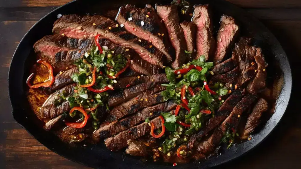 Large platter of steak strips with a chunky chimichurri sauce on top