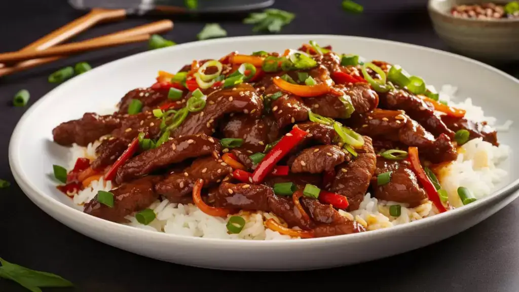 Wide bowl of white rice topped with beef strips, peppers, scallions, and sauce