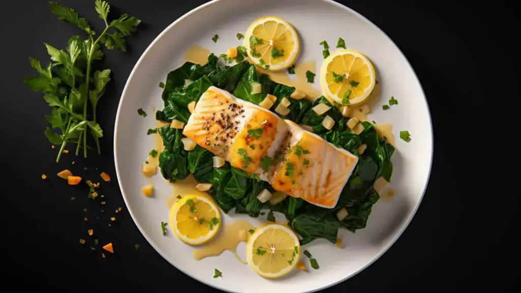 Black background with a white plate holding sauteed greens, a halibut fillet, lemon slices, and a yellow sauce next to a small bunch of parsley 