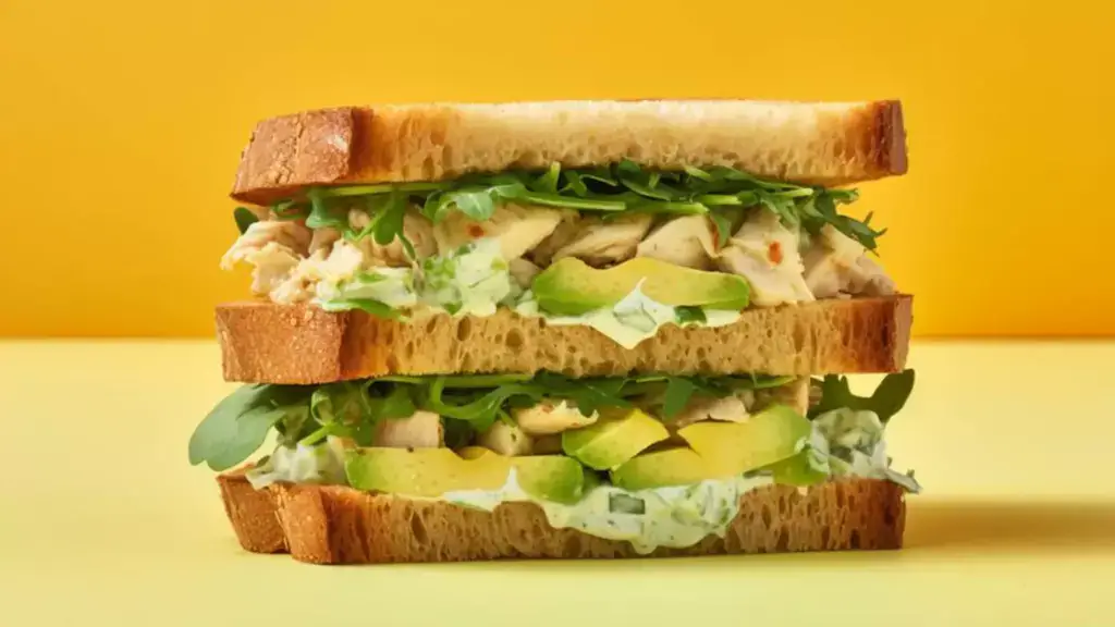 Sliced bread with chicken salad, avocado, and arugula against a yellow  background