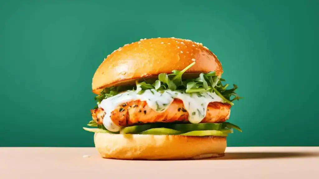 Two toasted burger buns sandwiching a salmon patty, yogurt sauce, sliced cucumbers, and arugula on a beige countertop with a green background