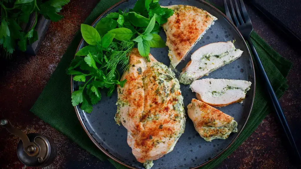 Black plate with whole chicken breasts stuffed with cheese and spinach next to a bunch of herbs