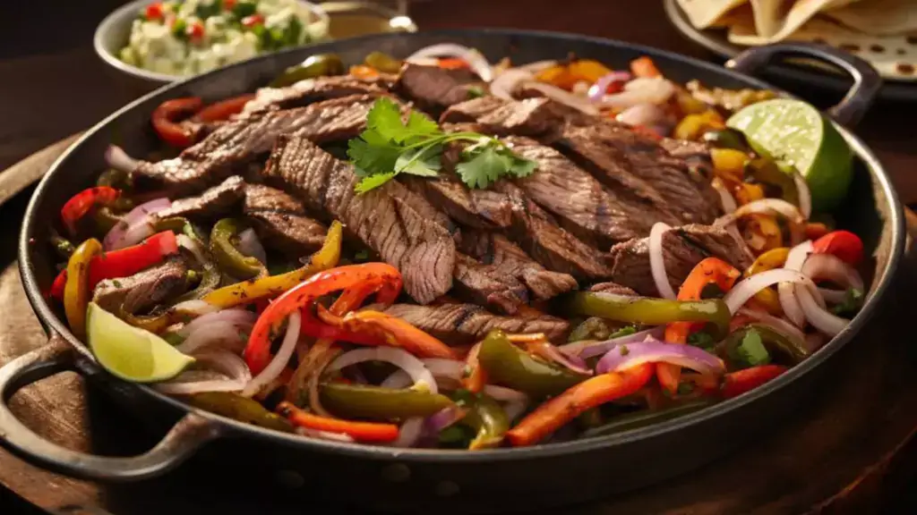 Skillet holding steak strips and sauteed onions and peppers, topped with cilantro and lime wedges