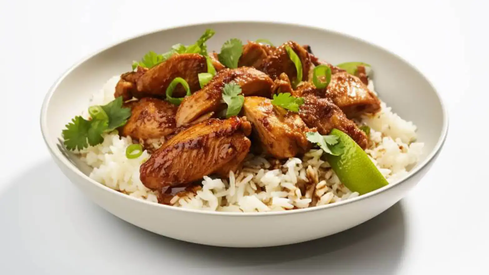 adobo shredded chicken with white rice and green onion