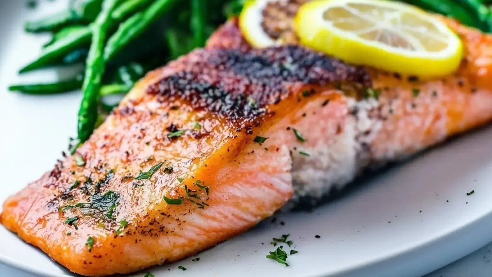 air fried salmon with lemon and green beans for birthday dinner idea