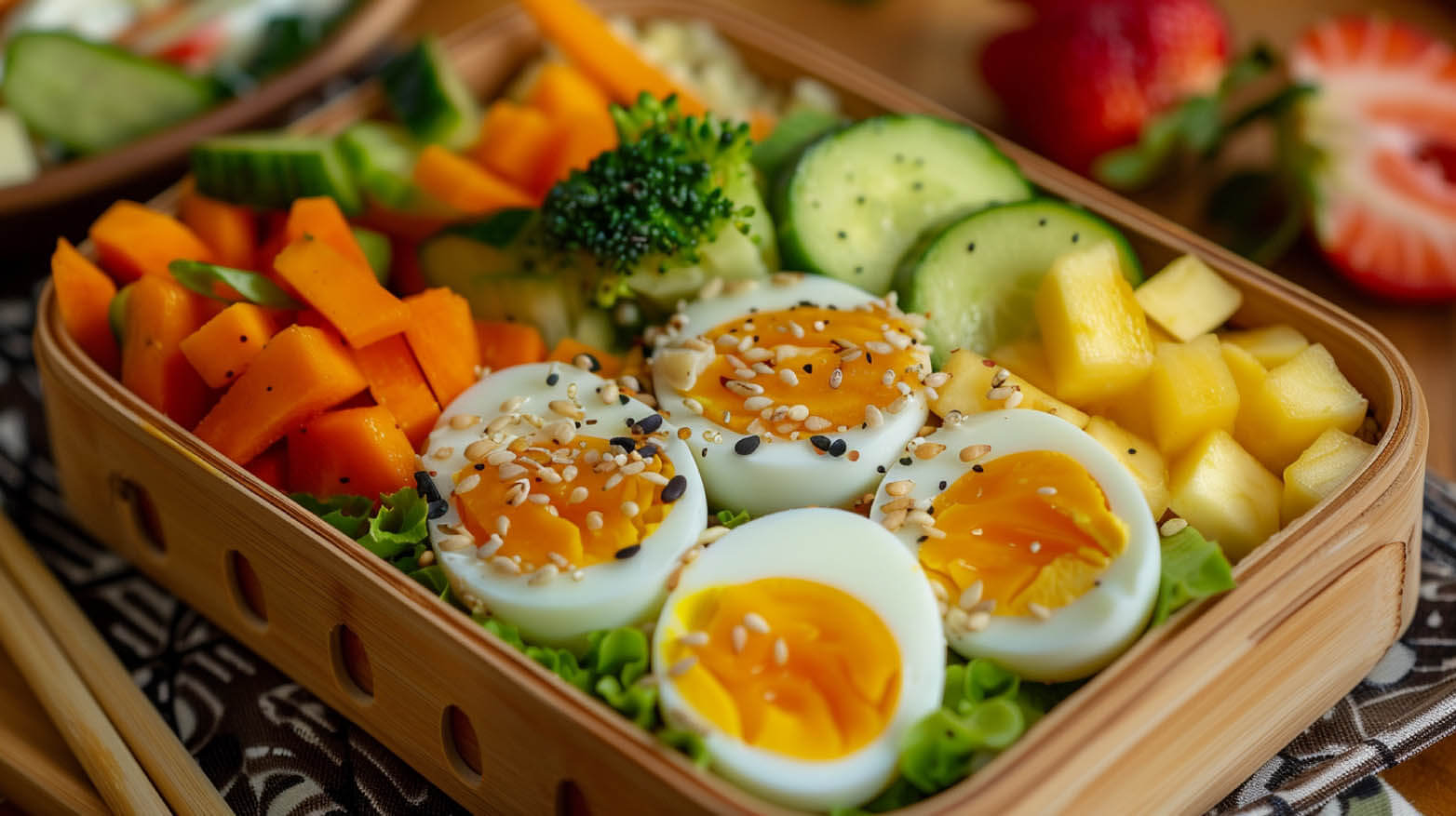 boiled egg, vegetable and fruit box 