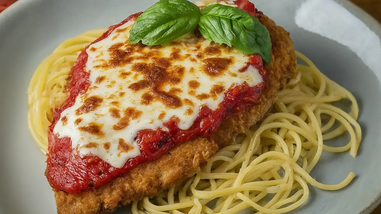 Chicken parm on bed of pasta