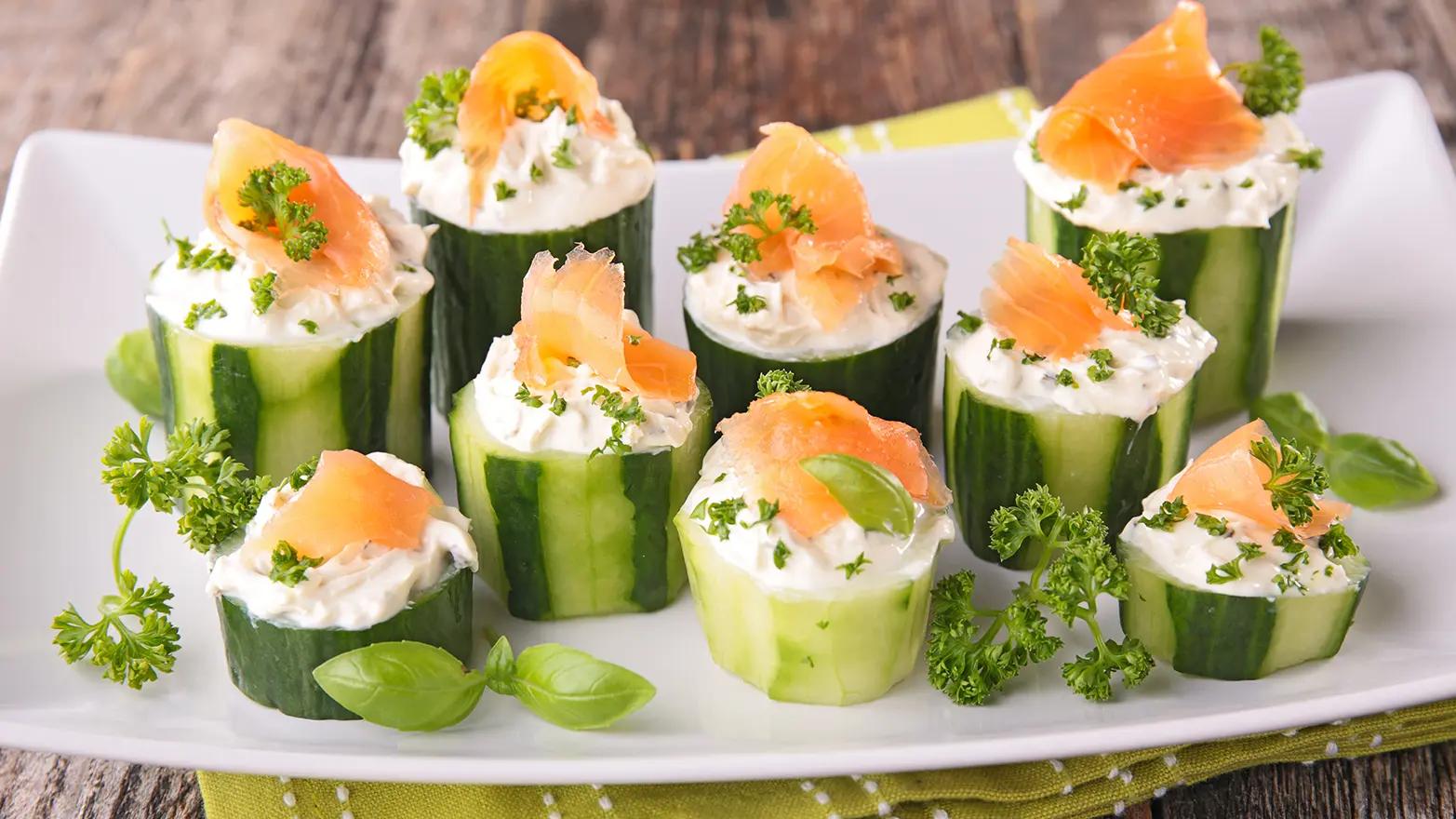 Spicy salmon cucumber stacks